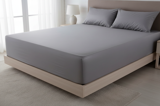 bitte ein Bild von einem Bett mit einer exrahohen Matratze, auf der ein graues, seidig glänzendes Spannbettlaken perfekt aufgespannt ist