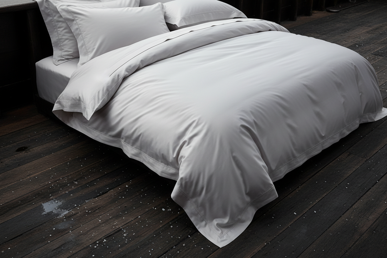 Eine sehr hochwertige, fein glänzende Satinbettwäsche in einem sehr hellem, edlen Hellgrau, (Celso de Lemos Perle991), Kissen und Decke, aufgezogen auf üppigen Decken und Kissen auf einem dunklen, alten Schiffsboden Untergrund