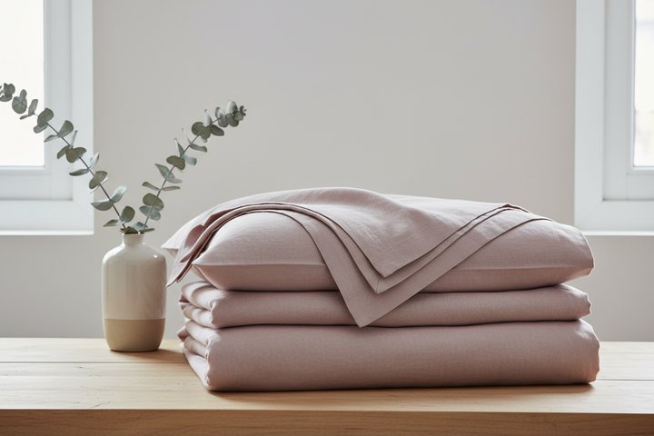 Leinenbettwäsche gefalten in der Farbe Nuage Rose 500 von Celso de Lemos