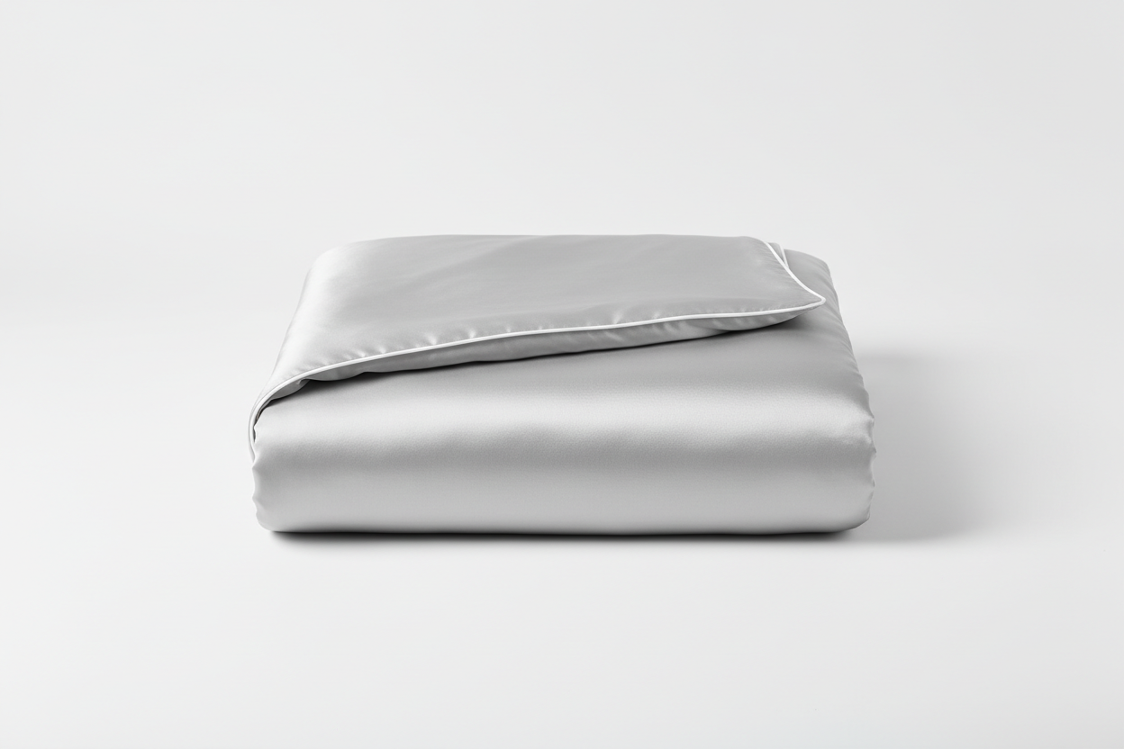 Seiden Bettwäsche Deckenbezug in einem hellen Silbergrau mt einer weißen Paspel rundum, gefalten auf einem weißen Untergrund