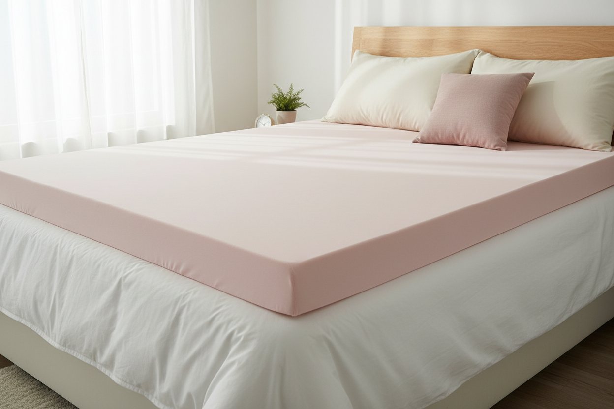 bitte ein Bild mit einem Bett, das einen Topper hat - dieser soll mit einem hellrosa Topperbezug bezogen sein