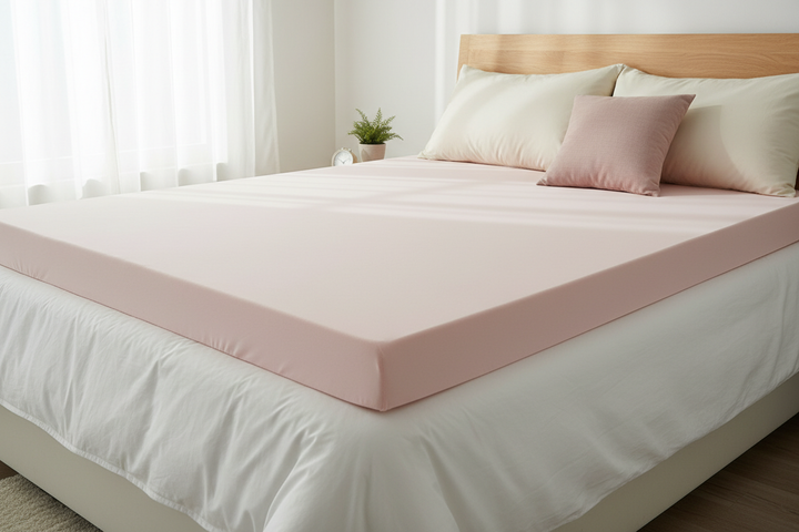 bitte ein Bild mit einem Bett, das einen Topper hat - dieser soll mit einem hellrosa Topperbezug bezogen sein