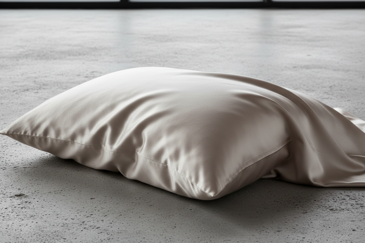 Kissenbezug aus einem sehr hochwertigen Satinstoff, fein glänzend in einem natürlichem Leinenton (Farbe Celso de Lemos 770 Linen) aufgezogen auf ein üppiges Kissen, liegend auf einem Sichtbeton Untergrund