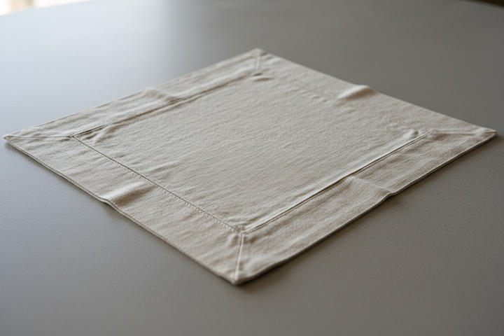 Leinenserviette mit einem ca 3cm Kuvertsaum aus Leinen in der Farbe "Naturleinen" auf einem grauen Tisch Untergrund